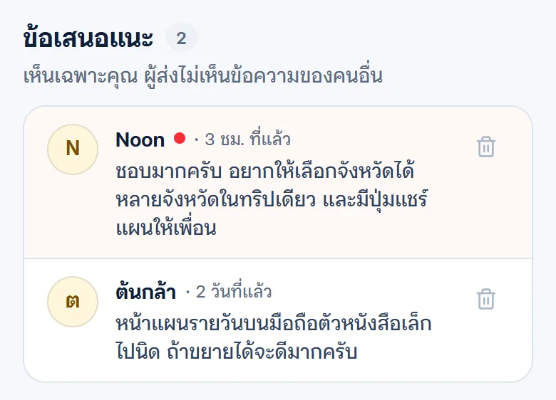 ข้อเสนอแนะส่วนตัวจากผู้ใช้