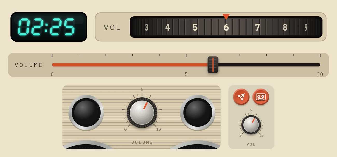 ปุ่มปรับเสียงสี่แบบ: วงล้อแบบ Walkman ข้างตัวนับเวลา ตัวเลื่อนพร้อมสเกล 0 ถึง 10 ลูกบิดใหญ่ระหว่างลำโพงเสียงแหลมสองตัว และลูกบิดเล็กใต้ปุ่มแชร์กับปุ่มธีม